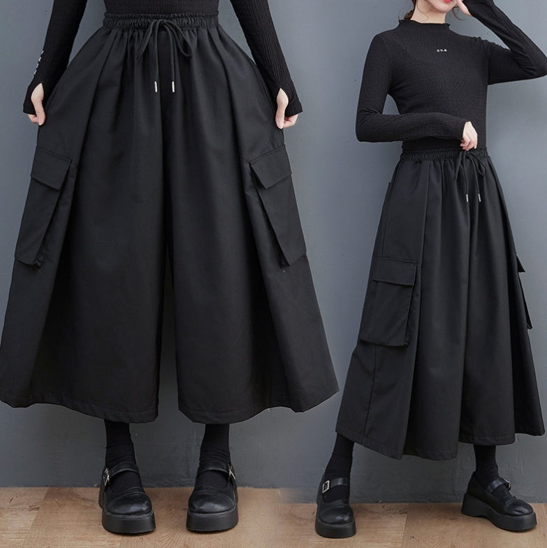 レディース パンツ ボトムス ロングパンツ ワイドパンツ カーゴパンツ アンクル丈 オーバーサイズ  ストリート ウエストリボン ポケット ハイウエスト ドロスト アメカジ かわいい 大人可愛い シンプル カジュアル おしゃれ こなれ感 ラフ メンズライク マニッシュ ボーイッシュ スポーティー 抜け感 ベーシック アメリカン アクティブ ナチュラル 無地 オールシーズン アウトドア キャンプ 楽ちん 体型カバー 美脚 脚長 普段使い 着回し 定番 ゆったり ゆる フリーサイズ ワンサイズ 黒 ブラック