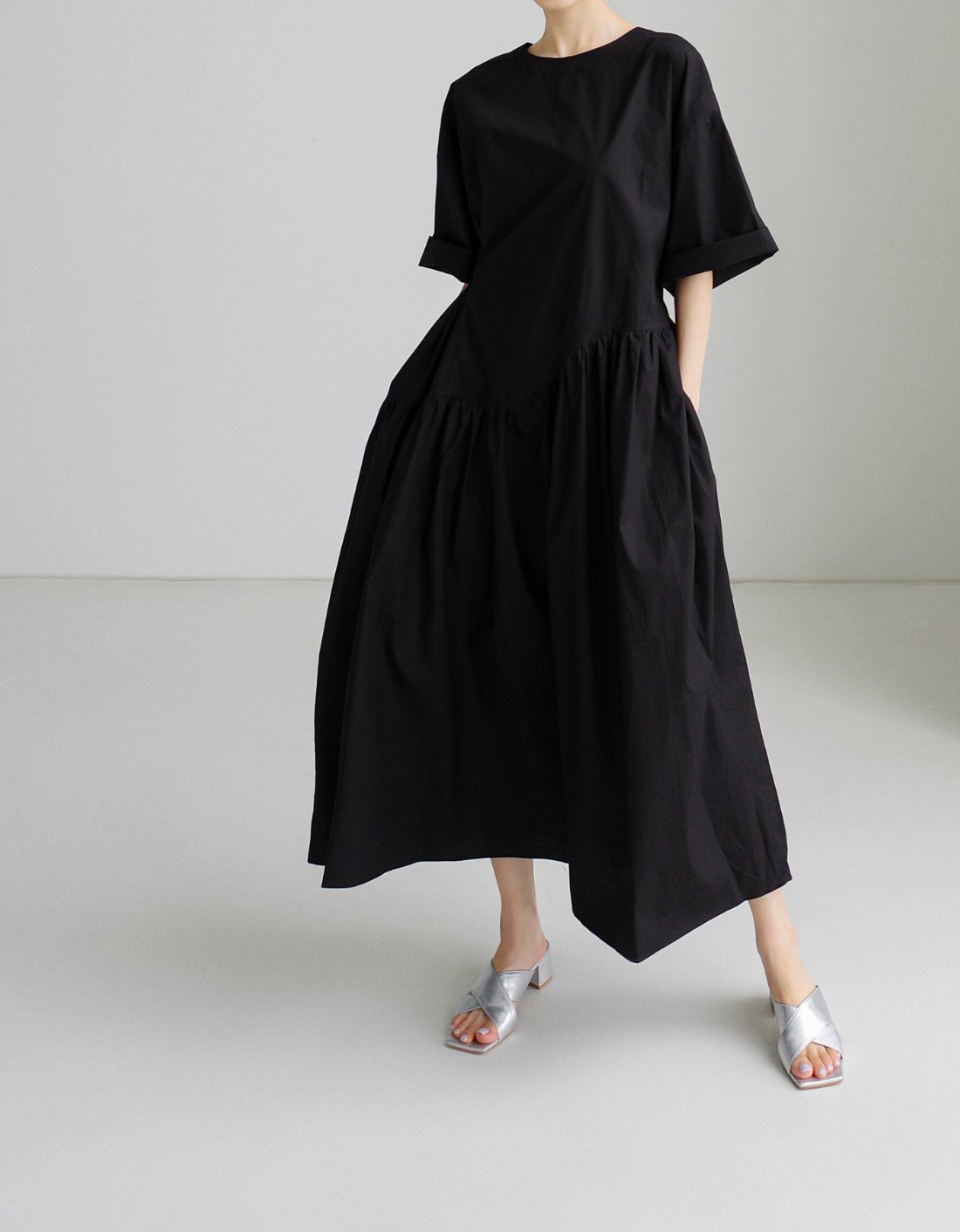 ワンピース 長袖 無地 春夏 カジュアル きれいめ 春 夏 ラウンドネック シンプル ロング 上品 大きい 切り替えデザイン
