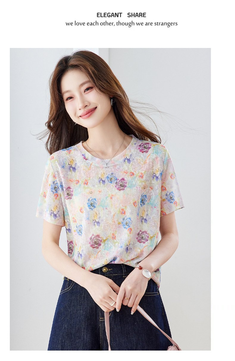 レディース トップス Tシャツ 半袖 花柄 ゆったり スリム 春夏 きれいめ おしゃれ 春 夏 膝丈 ラウンドネック 上品 クルーネック シャツ ラフ