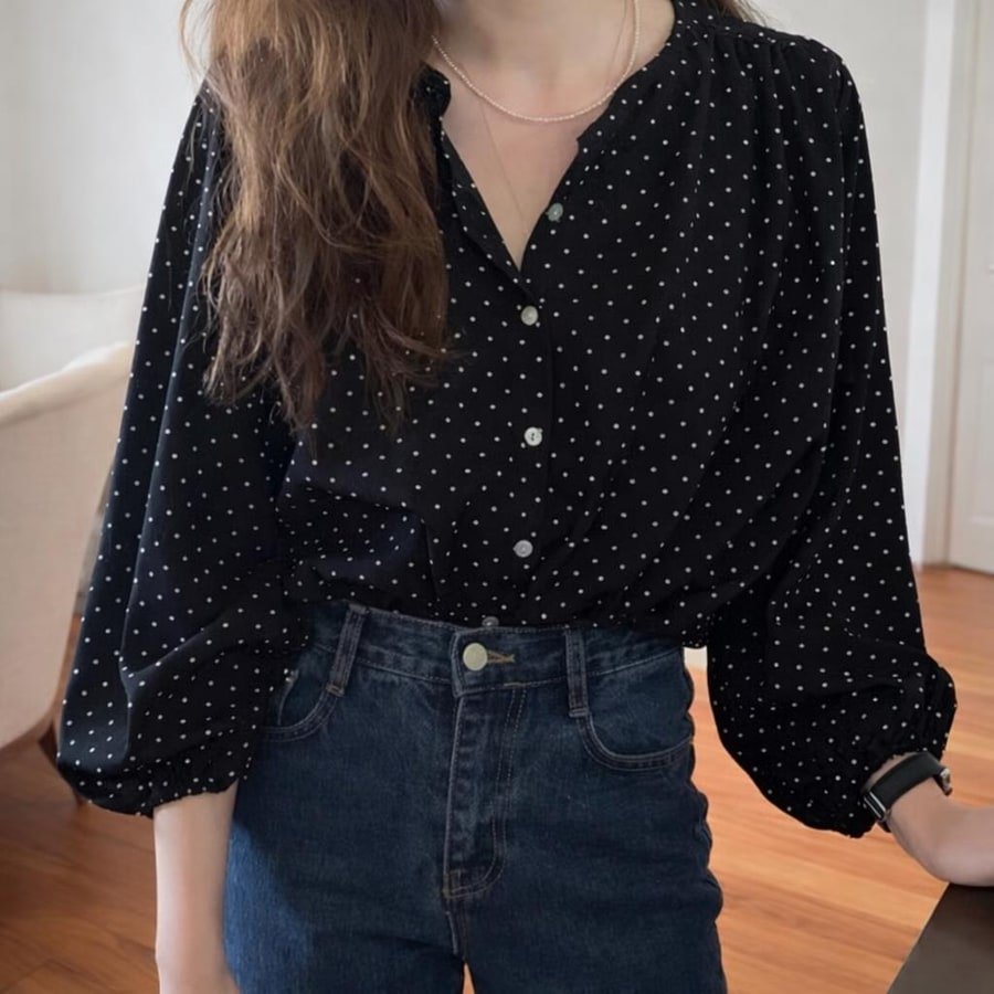 レディース シャツ トップス 長袖 ゆったり 春夏 カジュアル きれいめ レトロ 前開き 春 夏 膝丈 ラウンドネック 上品 水玉 切り替えデザイン ポリエステル