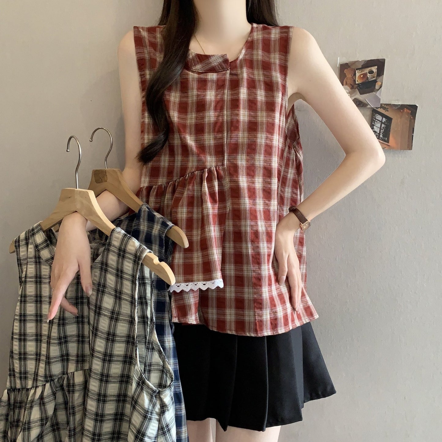 レディース シャツ チェック柄 春夏 きれいめ 大きいサイズ 前開き 春 夏 レース 上品 フリル Aライン レギュラー ポリエステル