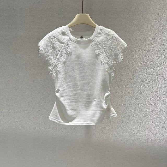 レディース トップス Tシャツ 半袖 コットン 綿 春夏 カジュアル プリーツ 春 ショート 夏 膝丈 ラウンドネック タイト レース シンプル 細身 クルーネック シャツ フレンチスリーブ タイ 着痩せ