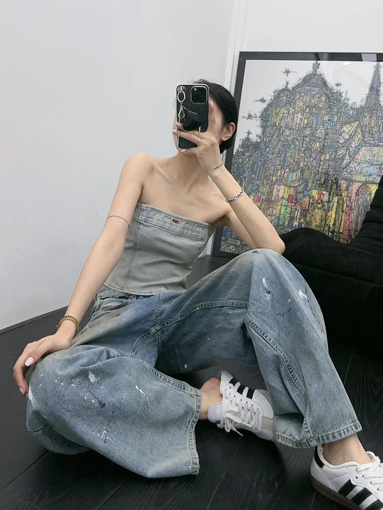 レディース パンツ ゆったり コットン 綿 デニム 春夏 カジュアル アメリカン 春 夏 ロング ストレート ラフ デニムパンツ ダメージ