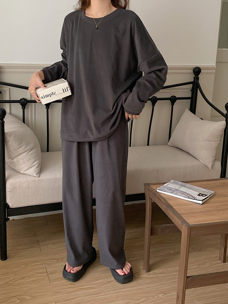 レディース トップス パンツ ボトムス ルームウェア パジャマ プルオーバー 部屋着 セットアップ 2点セット 上下セット 裏起毛 寝巻き ロング ミドル丈 長袖 ドロップショルダー ラウンドネック 襟なし ワイド オーバーサイズ  かわいい シンプル カジュアル ラフ こなれ感 ベーシック 無地 秋 冬 ママ お泊まり リゾート 旅行 休日 ホテル お家時間 楽ちん M L XL 2XL 大きいサイズ ゆったり ブラック ピンク ベーシックカラー