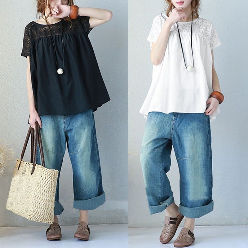 レディース トップス Tシャツ 半袖 ボーダー ストライプ 無地 ゆったり コットン 綿 春夏 大きいサイズ 春 夏 ラウンドネック レース シンプル シャツ