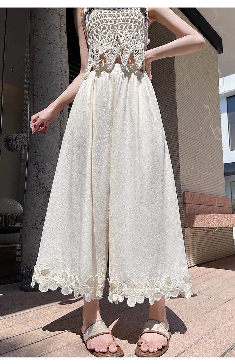 レディース パンツ 花柄 ゆったり ワイド 春夏 カジュアル きれいめ 春 夏 レース ブラック 上品 ロング ワイドパンツ ストレッチ ポリエステル 森ガール