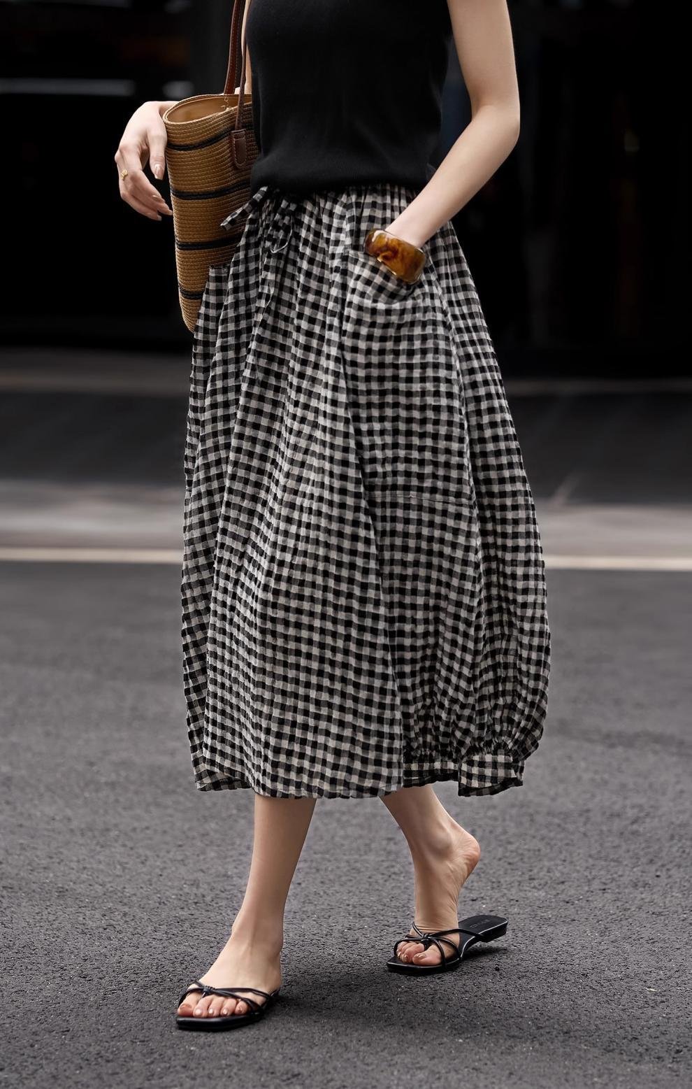 スカート チェック柄 ゆったり 春夏 カジュアル きれいめ 春 フレア 夏 ミモレ 上品 切り替えデザイン ハーフ フレアスカート ポリエステル