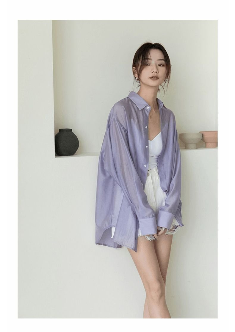 レディース シャツ トップス ジャケット 長袖 無地 ゆったり 春夏 カジュアル 前開き 春 夏 シンプル シフォン 薄手 スリット ストレッチ レギュラー