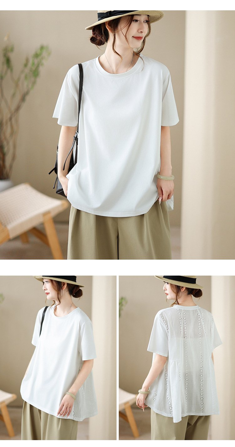 シャツ トップス 半袖 ゆったり コットン 綿 春夏 体型カバー 大きいサイズ 前開き 春 ショート 夏 レース 切り替えデザイン プルオーバー レギュラー 丸首