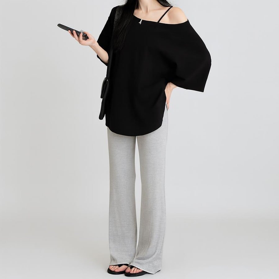 レディース トップス Tシャツ カットソー 半袖 ゆったり 夏 春夏 フレア パンツ ブラック グレー シャツ オフショルダー ハイウエスト タイ セットアップ
