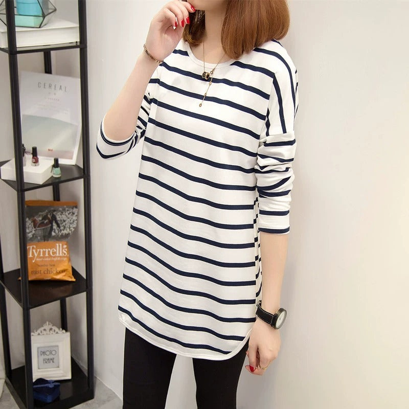 ラウンドヘム レディース トップス ロンT カットソー チュニック Tシャツ ミディアム ミドル丈 長袖 ドロップショルダー ラウンドネック オーバーサイズ  フェミニン アメカジ かわいい 大人可愛い きれいめ シンプル カジュアル 上品 おしゃれ こなれ感 ラフ 抜け感 ベーシック ボーダー 春 秋 ママ 学生 学校 通学 お出かけ お泊まり 旅行 休日 高原 ガーデン ショッピング カフェ 普段使い 着回し 体型カバー 定番 M L XL ゆったり 白 ホワイト