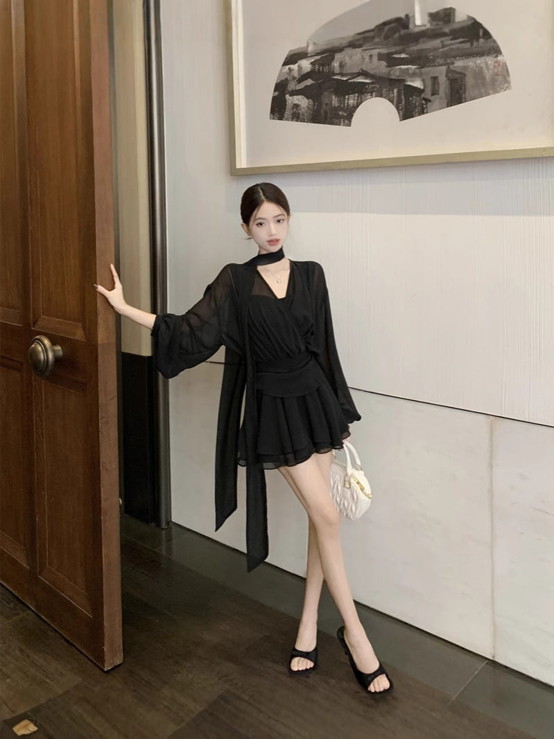 ワンピース 半袖 長袖 春夏 きれいめ 通勤 Vネック プリーツ 春 ショート 夏 黒 シフォン 脚長 Aライン セクシー