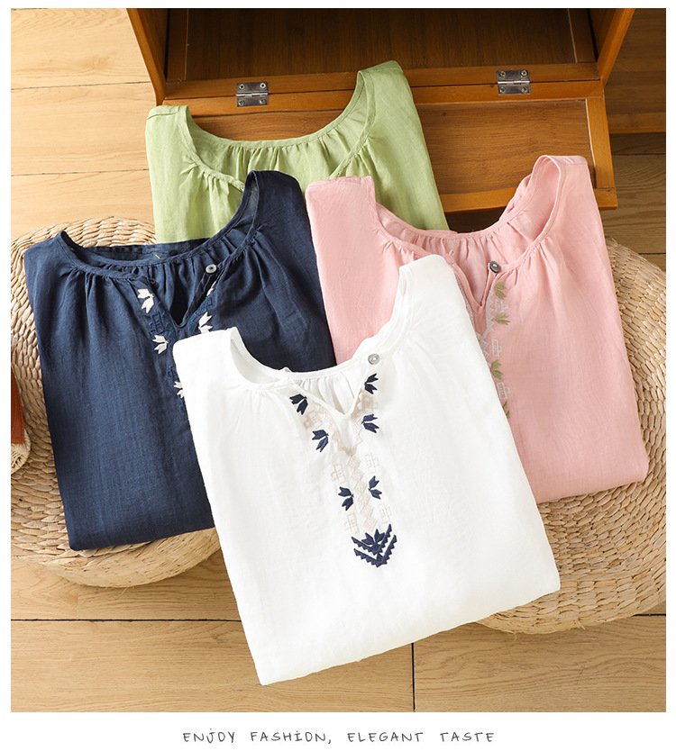 レディース シャツ ゆったり コットン 綿 リネン 春夏 きれいめ 通勤 オフィス 前開き Vネック 春 夏 ラウンドネック 刺繍 エスニック リゾート プルオーバー レギュラー