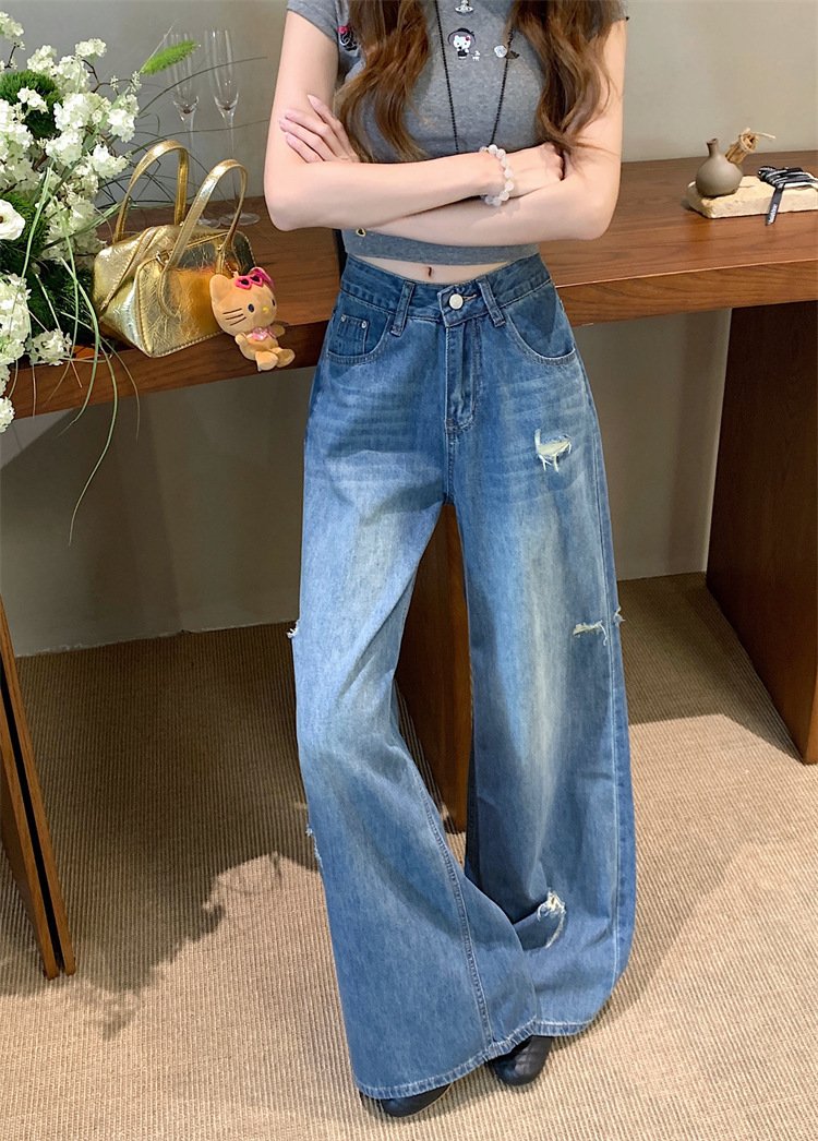 レディース パンツ ゆったり ワイド コットン 綿 デニム 春夏 カジュアル 春 夏 ロング デニムパンツ ブルー ハイウエスト ストレッチ ダメージ