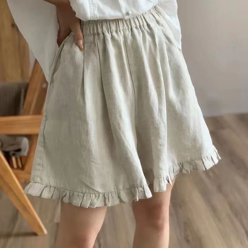 レディース パンツ 無地 ワイド コットン 綿 麻 春夏 カジュアル レトロ 春 ショート 夏 ショートパンツ シンプル フリル リボン ワイドパンツ 切り替えデザイン ポリエステル
