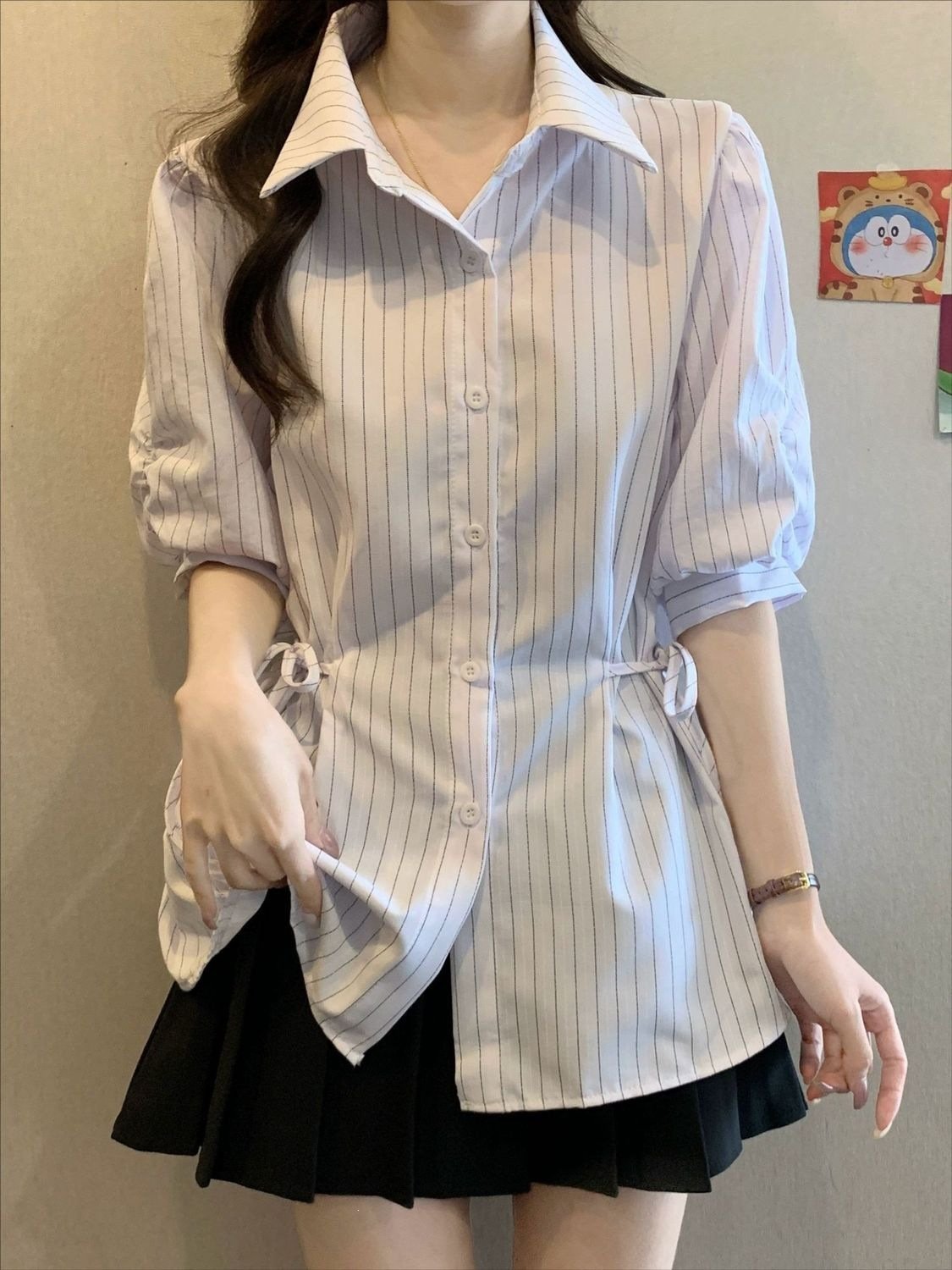 レディース シャツ トップス 半袖 ボーダー ストライプ スリム 春夏 きれいめ 通勤 大きいサイズ 前開き 春 夏 ロング 襟付き ブルー タイ ボタン ポリエステル