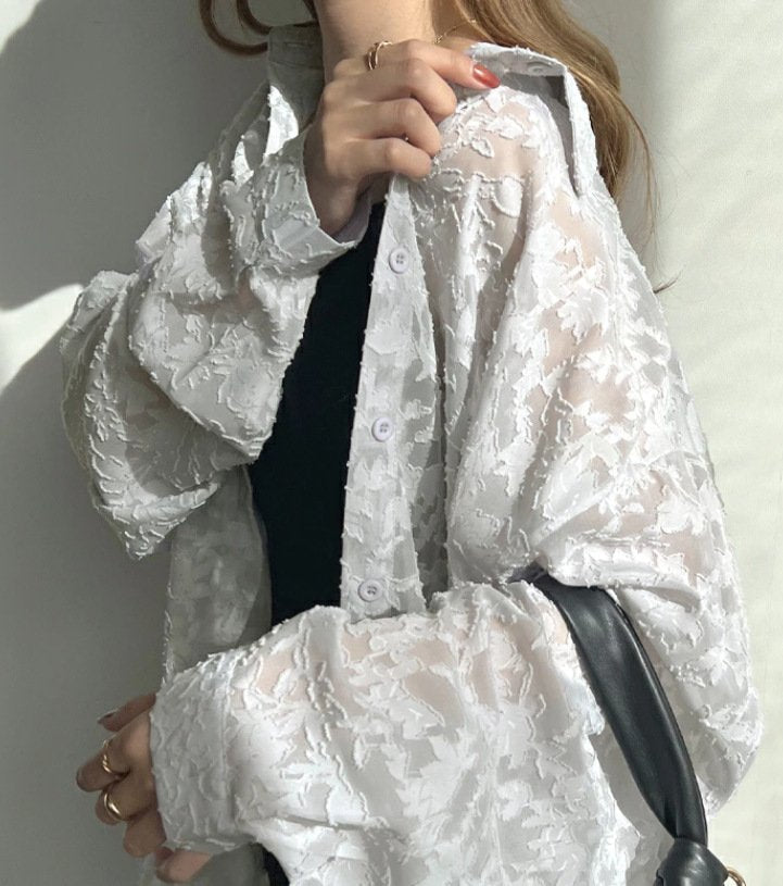 シャツ トップス 長袖 無地 春夏 きれいめ 旅行 前開き 春 夏 レース シンプル 上品 シフォン ビーチ タイ レギュラー ポリエステル