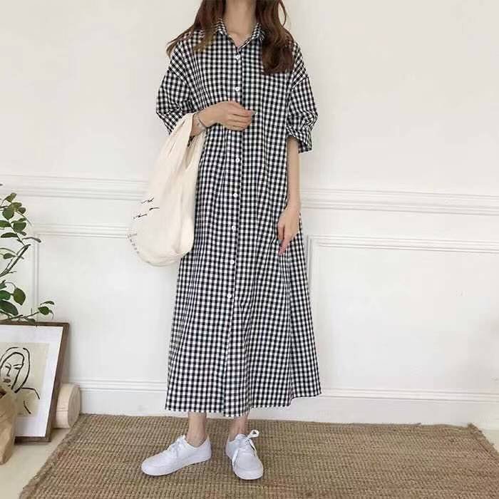 ワンピース 半袖 チェック柄 春夏 春 夏 膝下 ロング コットン アクリル