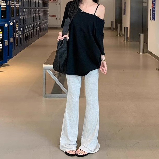 レディース トップス Tシャツ カットソー 半袖 ゆったり 夏 春夏 フレア パンツ ブラック グレー シャツ オフショルダー ハイウエスト タイ セットアップ