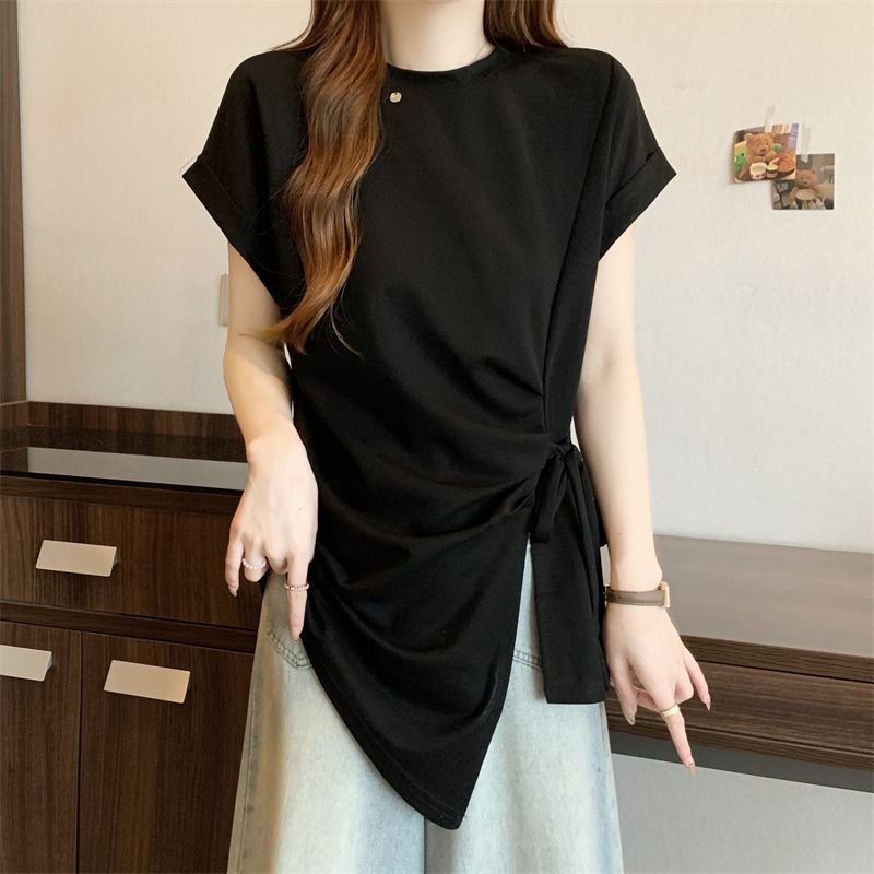 Tシャツ 半袖 ゆったり 春夏 カジュアル 春 夏 ラウンドネック レース ミモレ シャツ タイ レースアップ