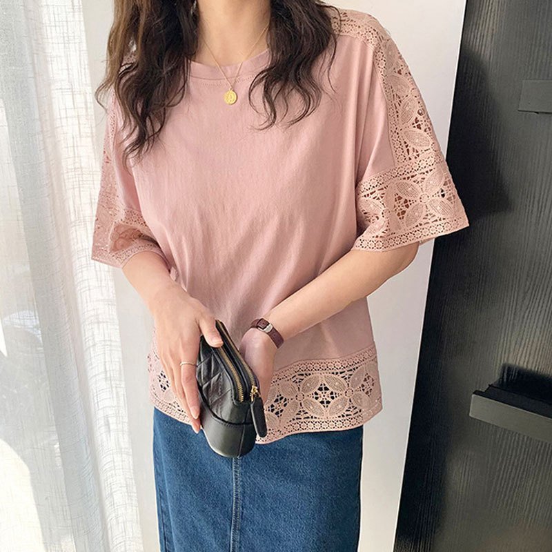 シャツ ニット 5分袖 無地 ゆったり コットン 綿 春夏 前開き 春 夏 ラウンドネック レース シンプル 丸首
