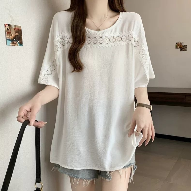 レディース シャツ トップス Tシャツ 半袖 無地 ゆったり 春夏 きれいめ 通勤 大きいサイズ おしゃれ 体型カバー 前開き 春 夏 ラウンドネック タイト レース シンプル 細身 シフォン タイ 都会的 レギュラー 着痩せ