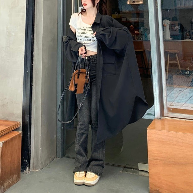 レディース コート アウター 上着 ロングコート キ シャツコート ロング 長袖 Vネック 襟付き 角襟 オーバーサイズ  フェミニン ストリート 前開き アメカジ きれいめ シンプル カジュアル 上品 おしゃれ こなれ感 ラフ メンズライク マニッシュ スポーティー ナチュラル 無地 春 秋 お出かけ 休日 楽ちん 暖かい 防寒 体型カバー 普段使い 着回し レイヤード トレンド 流行 定番 L XL 2XL 3XL 4XL 小さいサイズ 大きいサイズ ビッグ ゆったり ゆる 黒 ブラック カーキ