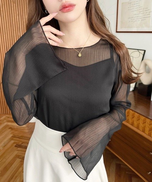 ブラウス シャツ トップス 長袖 無地 春夏 きれいめ 通勤 前開き 春 夏 レース シンプル 韓国ファッション シフォン 透け感 都会的