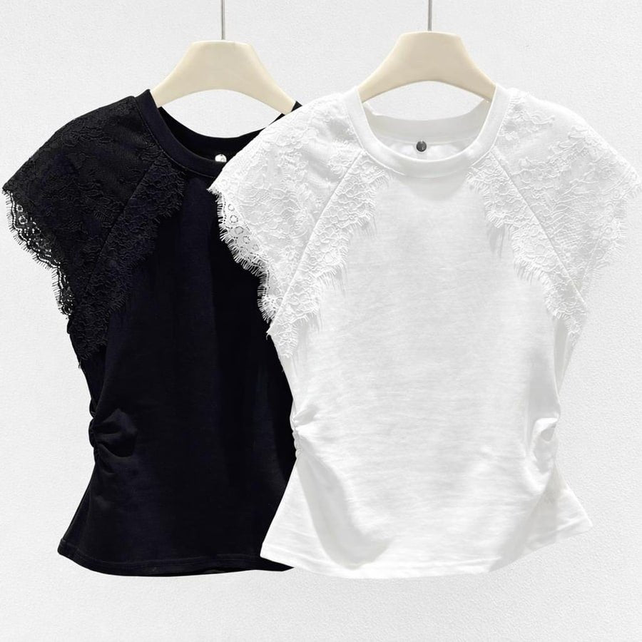 レディース トップス Tシャツ 半袖 コットン 綿 春夏 カジュアル プリーツ 春 ショート 夏 膝丈 ラウンドネック タイト レース シンプル 細身 クルーネック シャツ フレンチスリーブ タイ 着痩せ