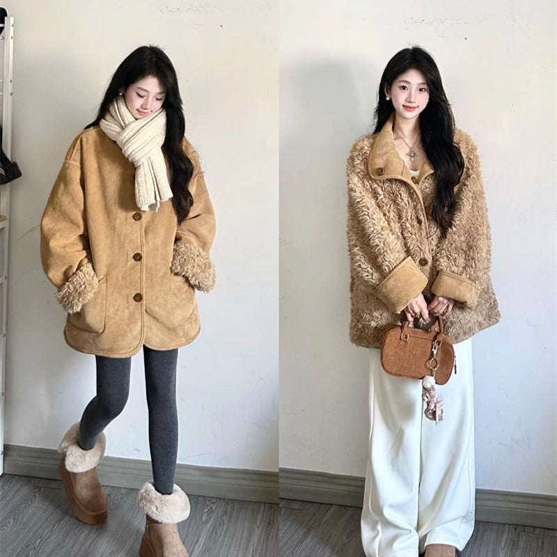 レディース コート ジャケット 長袖 ゆったり 秋冬 秋 きれいめ 体型カバー 膝丈 冬 上品 ファー 切り替えデザイン 厚手 襟付き アウター ボタン ポリエステル ムートンコート ライダースジャケット