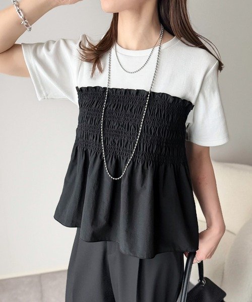 トップス Tシャツ ニット 半袖 春夏 きれいめ 通勤 春 ショート 夏 韓国ファッション シャツ 切り替えデザイン 都会的