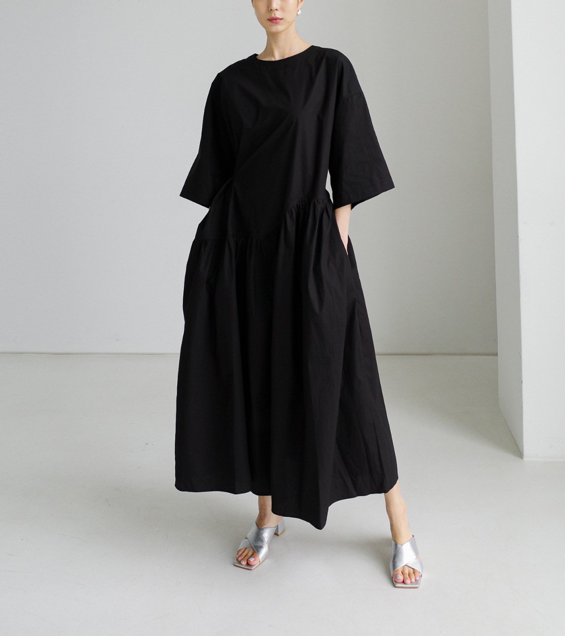 ワンピース 長袖 無地 春夏 カジュアル きれいめ 春 夏 ラウンドネック シンプル ロング 上品 大きい 切り替えデザイン