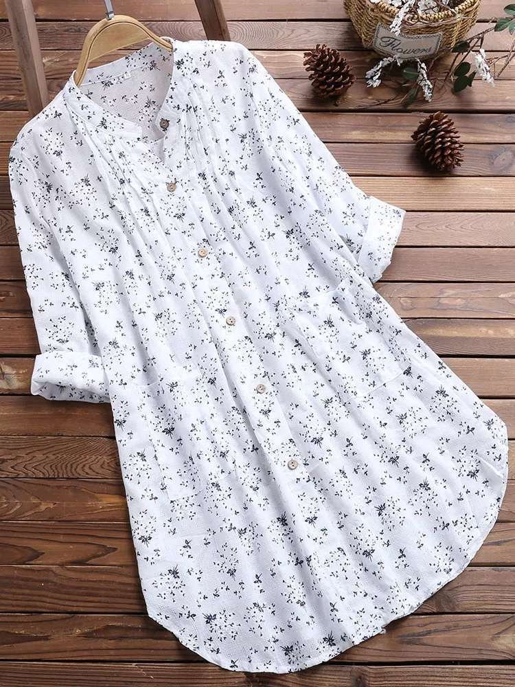 レディース ブラウス シャツ トップス 長袖 花柄 ゆったり コットン 綿 麻 春夏 体型カバー 前開き ミニ 春 夏 ホワイト 膝丈 プルオーバー 襟付き ブルー フェミニン グリーン ポリエステル