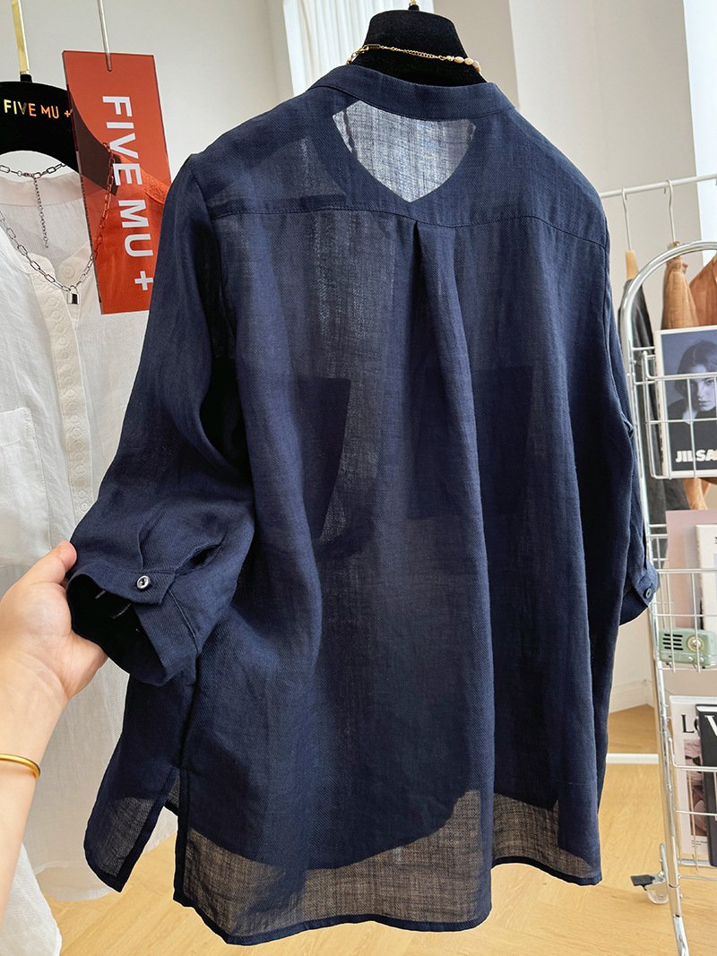 レディース ブラウス シャツ 麻 春夏 きれいめ 通勤 おしゃれ 前開き 春 夏 ラウンドネック タイト 刺繍 ハイネック 細身 薄手 プルオーバー スタンドカラー エレガント タイ 都会的 レギュラー ポリエステル 着痩せ