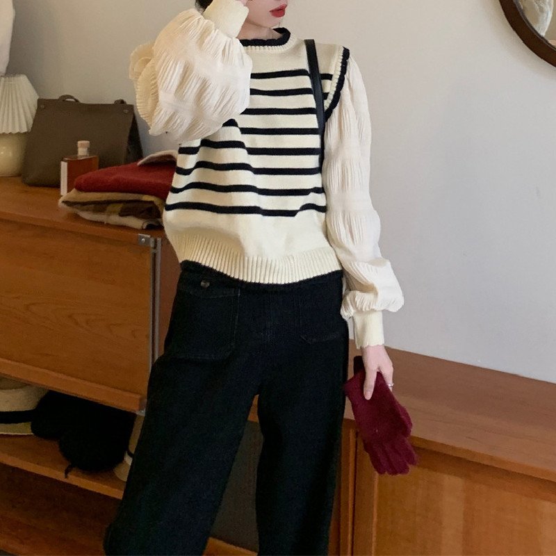 レディース トップス ニット 長袖 ボーダー ストライプ チェック柄 ゆったり 春 体型カバー 春夏 ラウンドネック セーター プルオーバー タイ ポリエステル