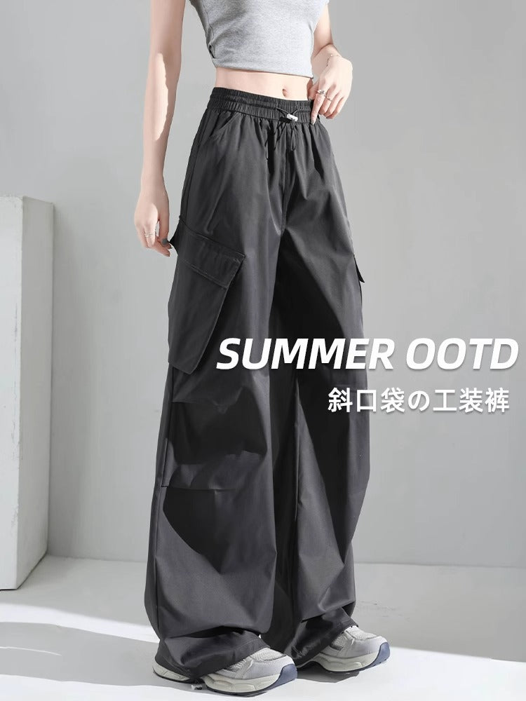 レディース パンツ ゆったり 春夏 カジュアル アメリカン ボトムス 春 夏 ストレート グレー ワークパンツ ラフ ハイウエスト タイ 速乾 ポリエステル