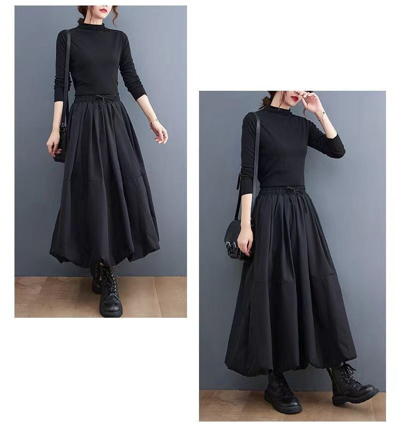 レディース スカート ボトムス ミモレ ロング Aライン 切り替え バルーン フェミニン ふっくら ポケット タック ハイウエスト ウエストゴム ドロスト かわいい 大人可愛い きれいめ シンプル カジュアル 上品 おしゃれ こなれ感 ラフ クール モード系 抜け感 ベーシック 無地 春 夏 秋 ママ 通勤 学生 学校 通学 お出かけ お泊まり 女子会 休日 高原 ガーデン ショッピング カフェ ライブ 体型カバー 普段使い 着回し 定番 XL 2XL 3XL 4XL 大きいサイズ ゆったり 黒 ブラック