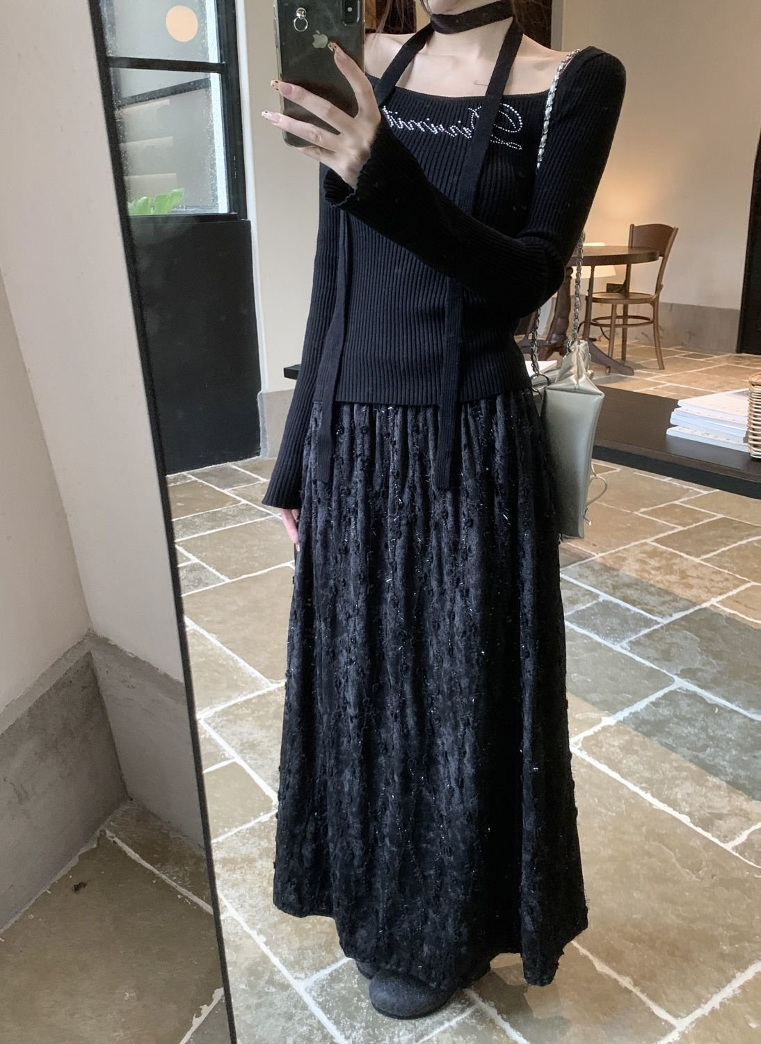 スカート 春夏 春 夏 秋 冬 ミモレ ロング ハイウエスト ベルベット ストレッチ ロングスカート 着痩せ 秋冬