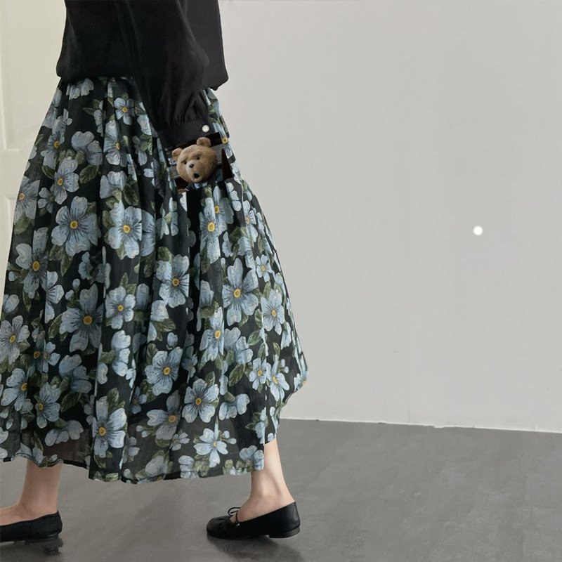 レディース スカート 麻 レトロ 細身 Aライン