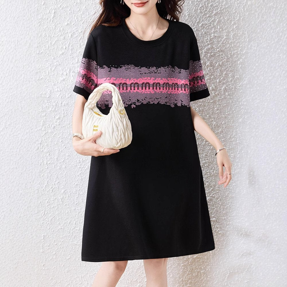 ワンピース ドレス 半袖 春夏 きれいめ レトロ 春 夏 黒 ラウンドネック ミモレ 上品 大きい