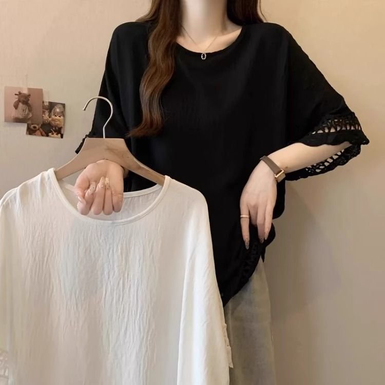 トップス 半袖 無地 ゆったり 春夏 カジュアル 大きいサイズ 春 夏 ラウンドネック レース シンプル ミモレ ポリエステル