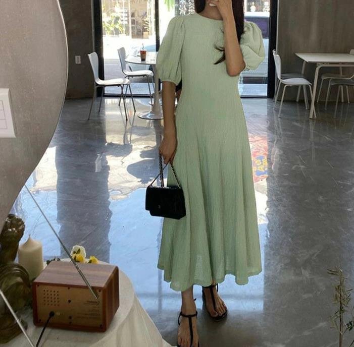 ワンピース 半袖 無地 春夏 カジュアル 春 夏 ラウンドネック シンプル ミモレ ロング
