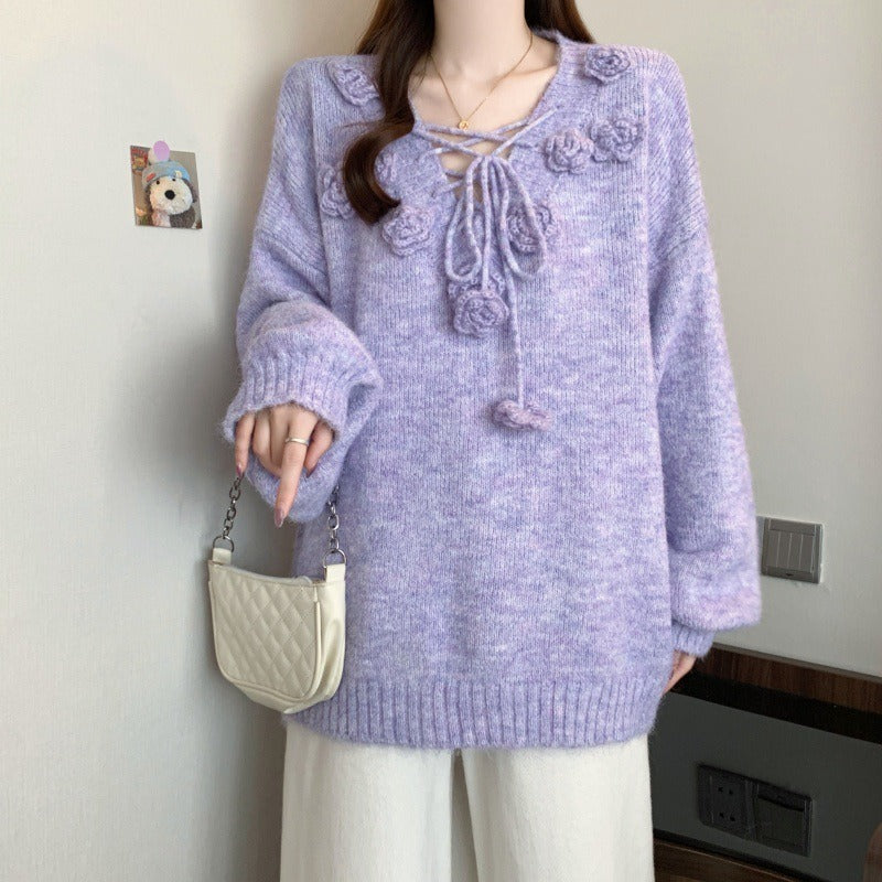 レディース トップス セーター ニット フラワー フラワーモチーフ フラワーモチーフ付き 編み上げ リボン プルオーバー ざっくり編み ゆったりシルエット 長袖 ドロップショルダー 萌袖 ワイド フェミニン かわいい 大人可愛い シンプル カジュアル おしゃれ こなれ感 ラフ ガーリー 主役級 存在感 抜け感 キュート ロマンティック ナチュラル 無地 秋 冬 デート お出かけ イベント 女子会 休日 ショッピング カフェ お家時間 重ね着 普段使い 着回し レイヤード ゆったり フリーサイズ ワンサイズ