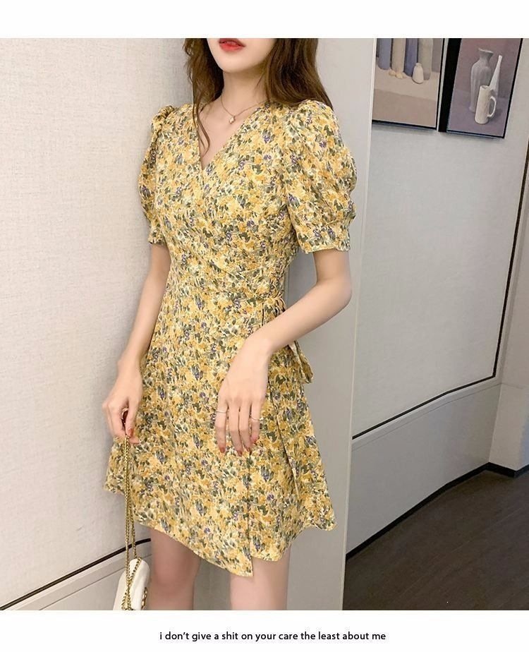 ワンピース 半袖 花柄 春夏 Vネック 春 フラワー 夏 タイト リボン ミディアム丈 細身 Aライン ハイウエスト