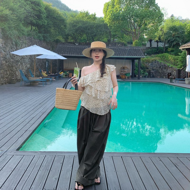 レディース パンツ 無地 ワイド コットン 綿 春夏 カジュアル きれいめ 通勤 春 夏 シンプル ロング グレー ワイドパンツ ウエストゴム 都会的 グリーン