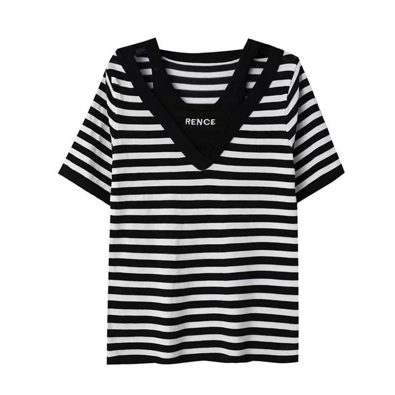 レディース Tシャツ 半袖 ボーダー ストライプ ゆったり 春夏 カジュアル 春 夏 ラウンドネック 刺繍 ミモレ シャツ ポリエステル