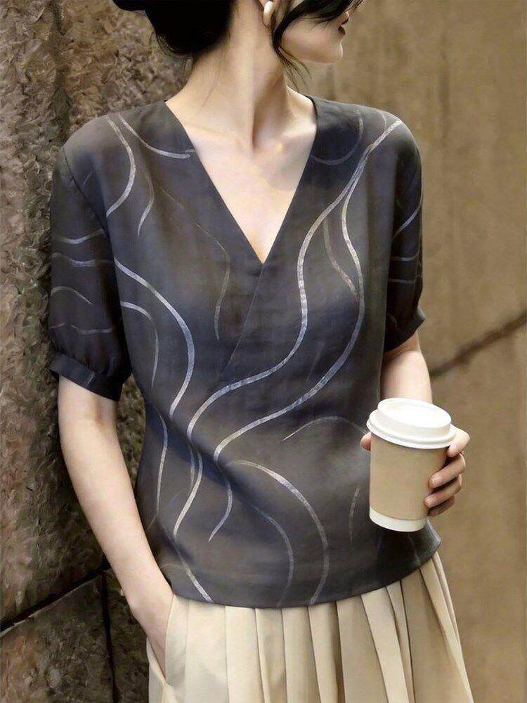 シャツ トップス 半袖 スリム 春夏 きれいめ 通勤 前開き Vネック 春 夏 グレー 都会的 レギュラー ボタン ポリエステル