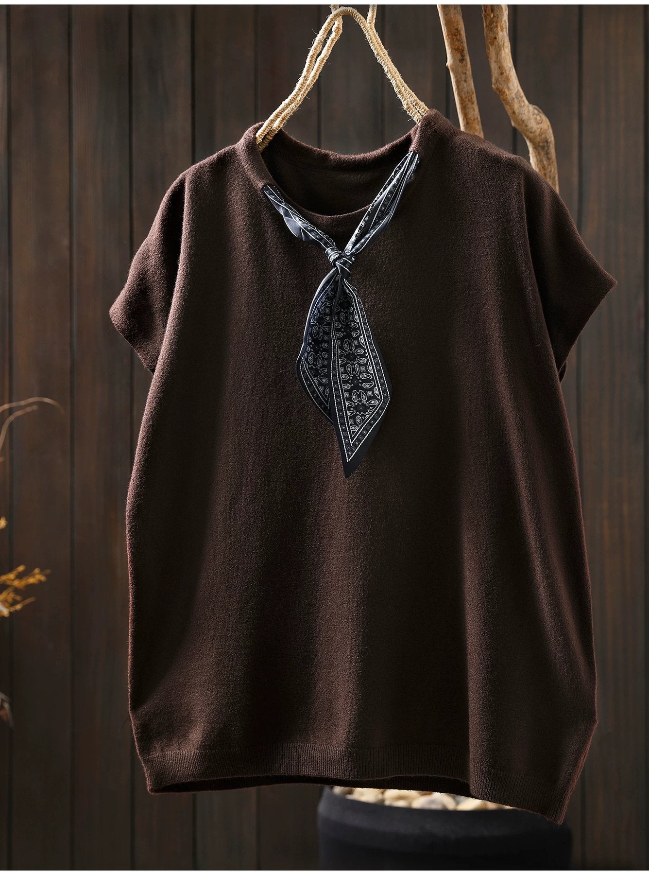 トップス Tシャツ ニット ノースリーブ ゆったり コットン 綿 秋冬 秋 体型カバー 袖なし ラウンドネック 冬 シャツ スカーフ インナー