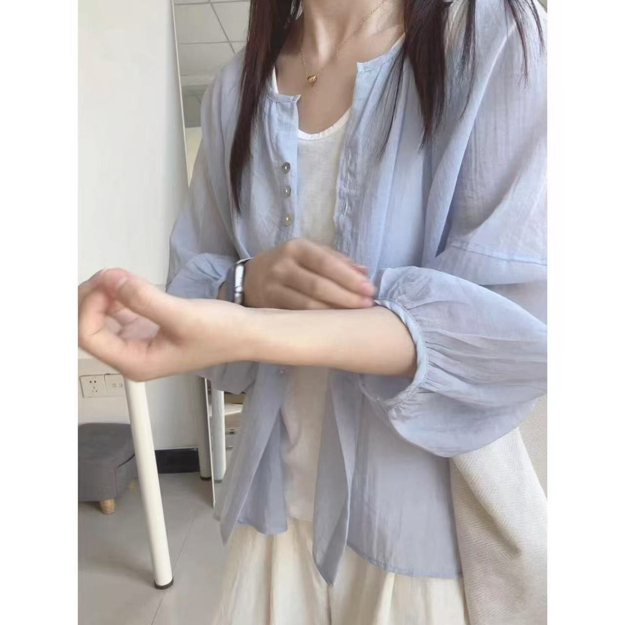 レディース シャツ カーディガン 長袖 ゆったり 春夏 カジュアル 通勤 体型カバー 重ね着 前開き 春 夏 ラウンドネック コーデ シフォン レギュラー ポリエステル UVカット