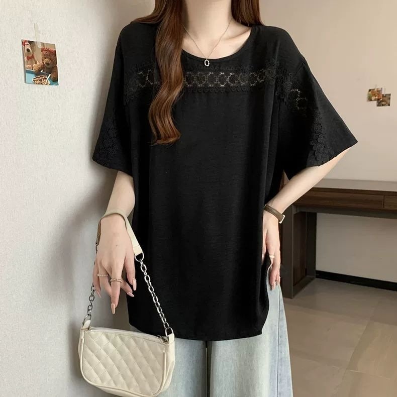 レディース シャツ トップス Tシャツ 半袖 無地 ゆったり 春夏 きれいめ 通勤 大きいサイズ おしゃれ 体型カバー 前開き 春 夏 ラウンドネック タイト レース シンプル 細身 シフォン タイ 都会的 レギュラー 着痩せ